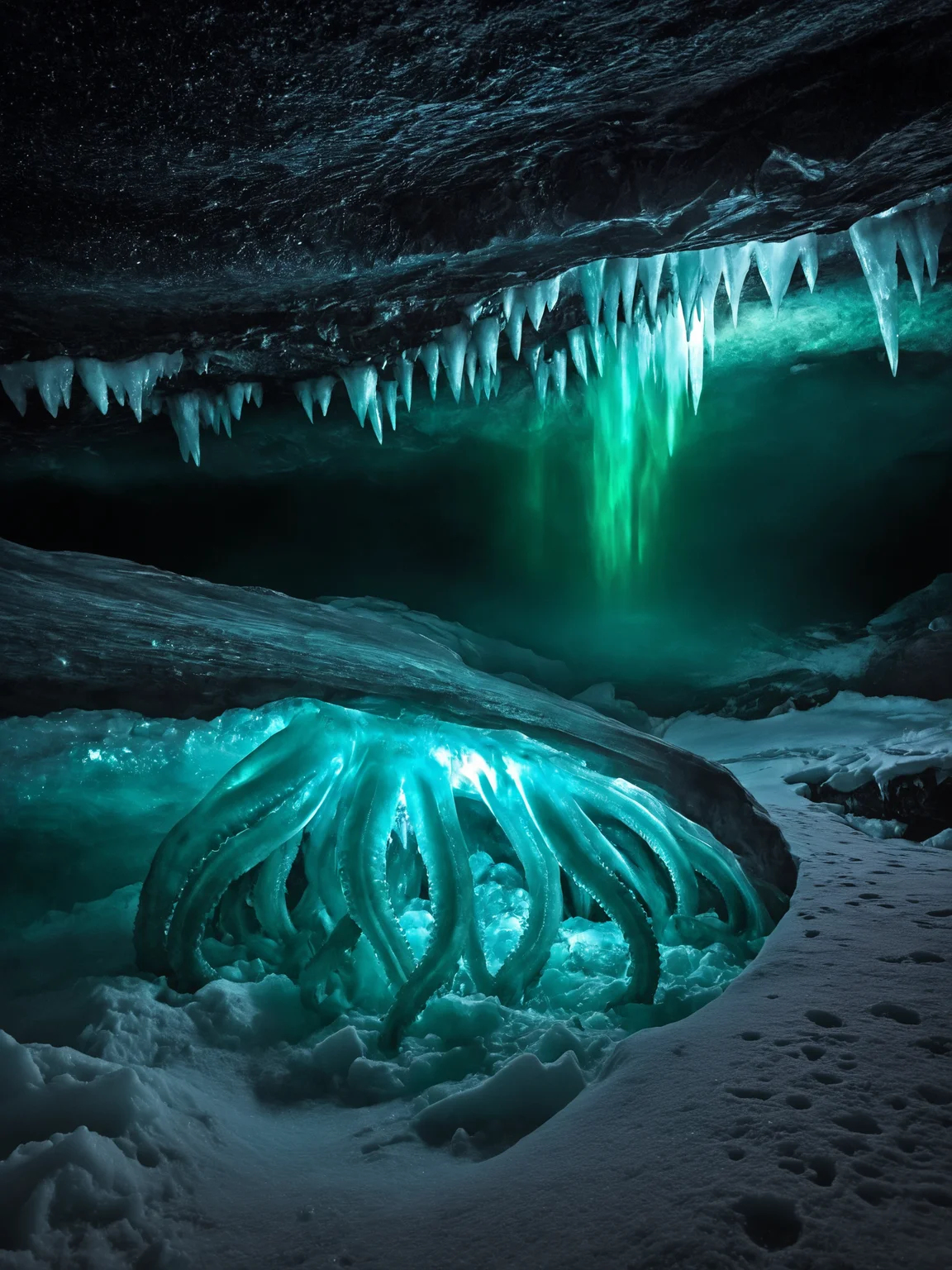 an ancient cosmic horror slumbers in a cave under the ice, a view of the night sky, encased in ice, transparent crystal, cosmic horror theme, csu, cross-section, underground, from side, cthulhu, monster, tentacles, aurora australis, aurora borealis, antarctica, foreboding, masterpiece, no humans, HDR, high quality, high-definition, extremely detailed