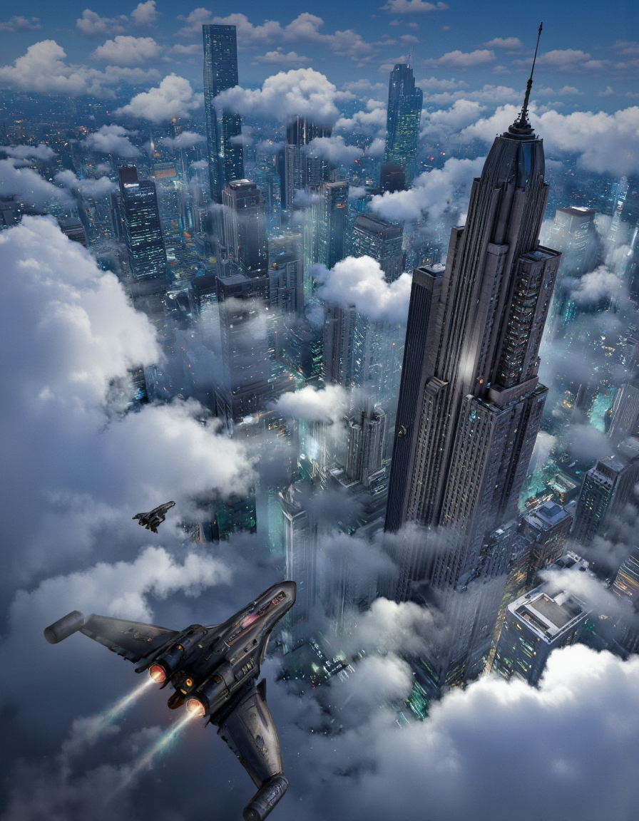 By Brandon Le. A stunning digital illustration shoot from a bird's eye view about a futuristic cityscape at night, surrounded by dense clouds. the image also shows a futuristic spaceship flying over a cityscape filled with tall buildings and skyscrapers, with a glowing cityscape in the background. on the right side of the image, a tall, modern building with a futuristic design is visible, while on the left side, a smaller, futuristic spaceship is flying over the city. the cityscape is lit up with blue and green lights, and the sky is filled with clouds, creating a dramatic and ethereal atmosphere. in the foreground, a large, black, futuristic aircraft is visible in the air, with smoke trailing behind it, adding to the sense of movement and depth to the image.