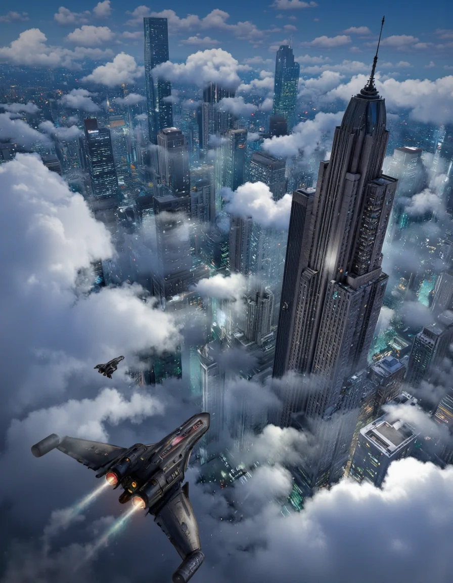 By Brandon Le. A stunning digital illustration shoot from a bird's eye view about a futuristic cityscape at night, surrounded by dense clouds. the image also shows a futuristic spaceship flying over a cityscape filled with tall buildings and skyscrapers, with a glowing cityscape in the background. on the right side of the image, a tall, modern building with a futuristic design is visible, while on the left side, a smaller, futuristic spaceship is flying over the city. the cityscape is lit up with blue and green lights, and the sky is filled with clouds, creating a dramatic and ethereal atmosphere. in the foreground, a large, black, futuristic aircraft is visible in the air, with smoke trailing behind it, adding to the sense of movement and depth to the image.