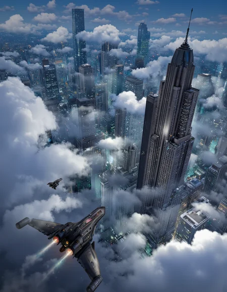 By Brandon Le. A stunning digital illustration shoot from a bird's eye view about a futuristic cityscape at night, surrounded by dense clouds. the image also shows a futuristic spaceship flying over a cityscape filled with tall buildings and skyscrapers, with a glowing cityscape in the background. on the right side of the image, a tall, modern building with a futuristic design is visible, while on the left side, a smaller, futuristic spaceship is flying over the city. the cityscape is lit up with blue and green lights, and the sky is filled with clouds, creating a dramatic and ethereal atmosphere. in the foreground, a large, black, futuristic aircraft is visible in the air, with smoke trailing behind it, adding to the sense of movement and depth to the image.