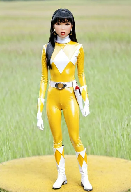 Trini Kwan, figurine, alone in meadow, long black straight hair, fringe, bangs, Vietnamese girl, helmetless, yellow power ranger, uniform, yellow catsuit, white turtleneck collar, white gloves boots belt, red holstered weapon, large chunky steel hoop earrings, neutral facial expression, mouth closed, arms down by sides, full body photo