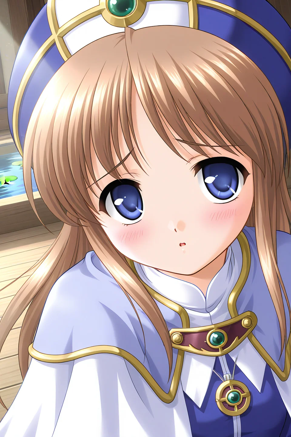 masterpiece, best quality, absurdres, official art, official style, rating general BREAK <lora:sylphycloud_IL_v1-1:0.7>, sylphy cloud, 1girl, solo, blue eyes, brown hair, long hair, bangs, flat chest, priest, hat, blue headwear, gem, brooch, turtleneck, pendant, layered capelet, light purple capelet, white capelet, robe, blue dress, long sleeves, upper body, close-up, indoors, cross, sunlight, lily pad, portrait, scenery,
blush, :o, gloomy, looking at viewer, open mouth, parted lips, raised eyebrows