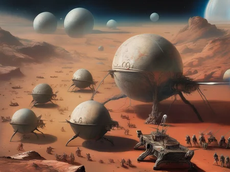 massive spaship battle in the front of the planet mars, bosch
