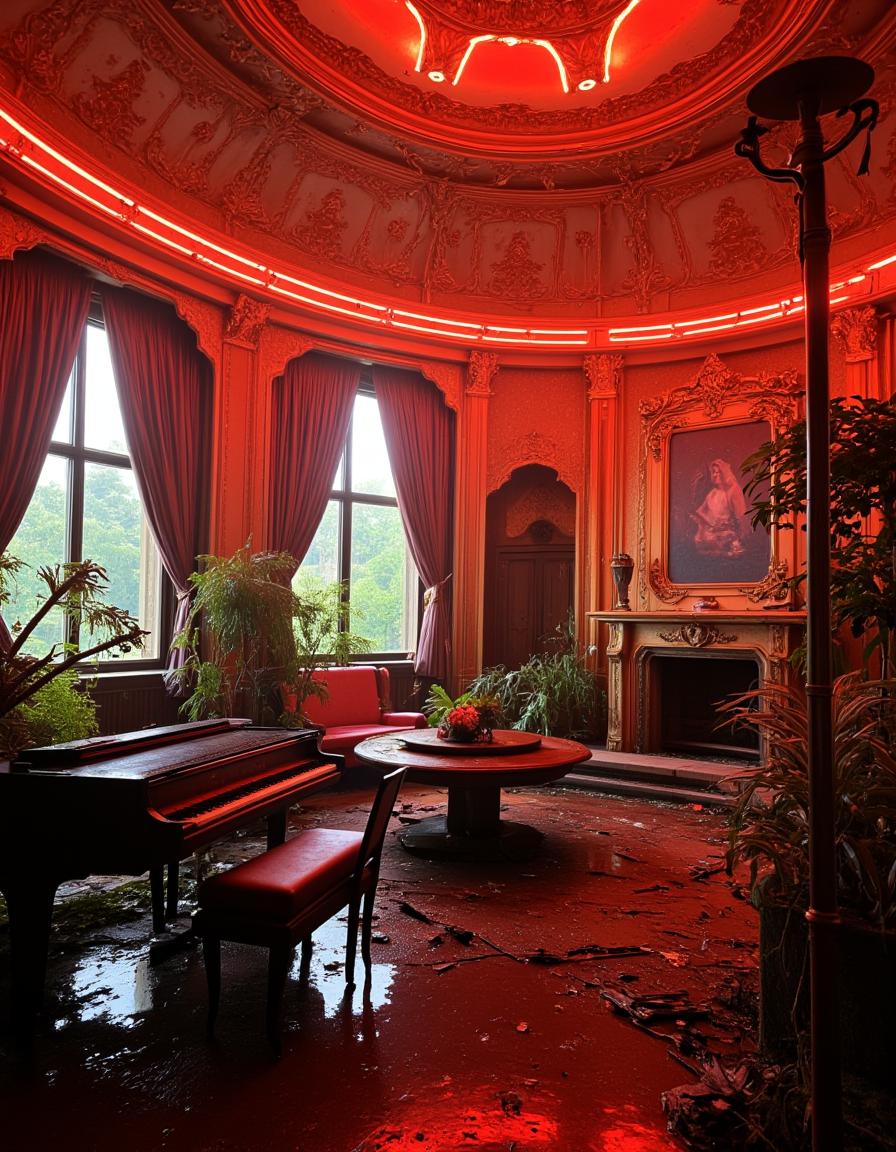 <lora:City_Worlds02_Lost_Operaflux:1.0> cw02lost, cyberpunk, baroque, gold, rich room interior, neons, round ceiling, wet, vegetation, abandoned opera room, dirty, windows, crackled, decay, piano, elf woman playing <lora:citybkgv2:1> citybkg, illuminated