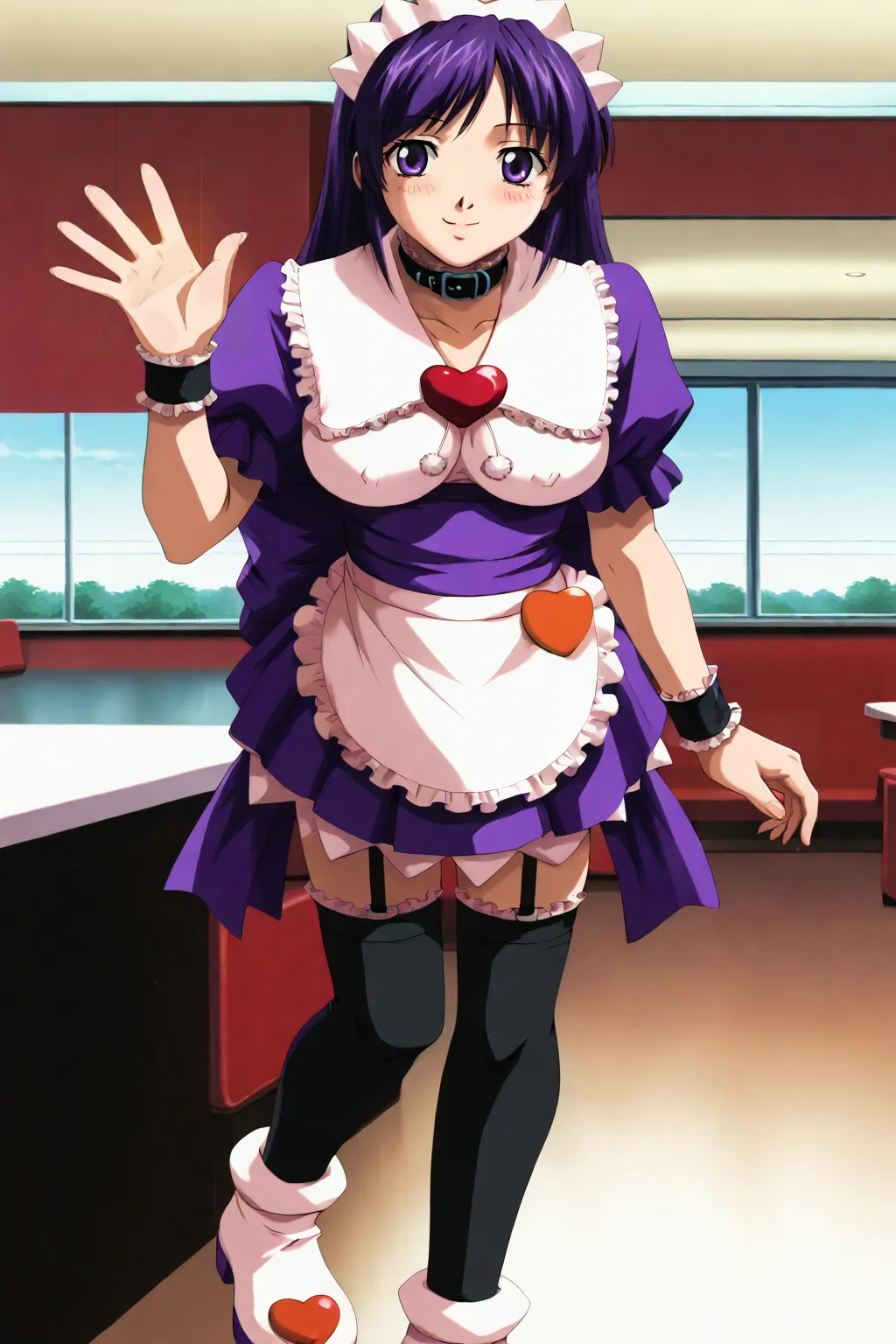 score_9, best, uncensored, masterpiece,  zPDXL2, handfixer,
1girl, solo, slight smile,
KatouShouko, maid headdress, waitress, frilled black thighhighs, black garter straps, frilled cuffs, purple sash with back ribbon, white with purple accents ankle boots with pink heart, black belt collar with white frills, purple pleated miniskirt with white frills, pom pom (clothes), frilled sailor collar with hearth brooch, purple frilled puffy short sleeves, white frilled waist apron,
FamiresWaitressOutfit, waving,
<lora:FamiresSenshiPuddingOVAStyle_4Rx10E:0.7> <lora:Hand pony style v1:1> <lora:HandFixer_pdxl_Incrs_v1:1>   <lora:FamiresSenshiPuddingKatouShoukoChocolat_V4:0.65>  <lora:FamiresWaitressOutfit_V2:0.3>​​​