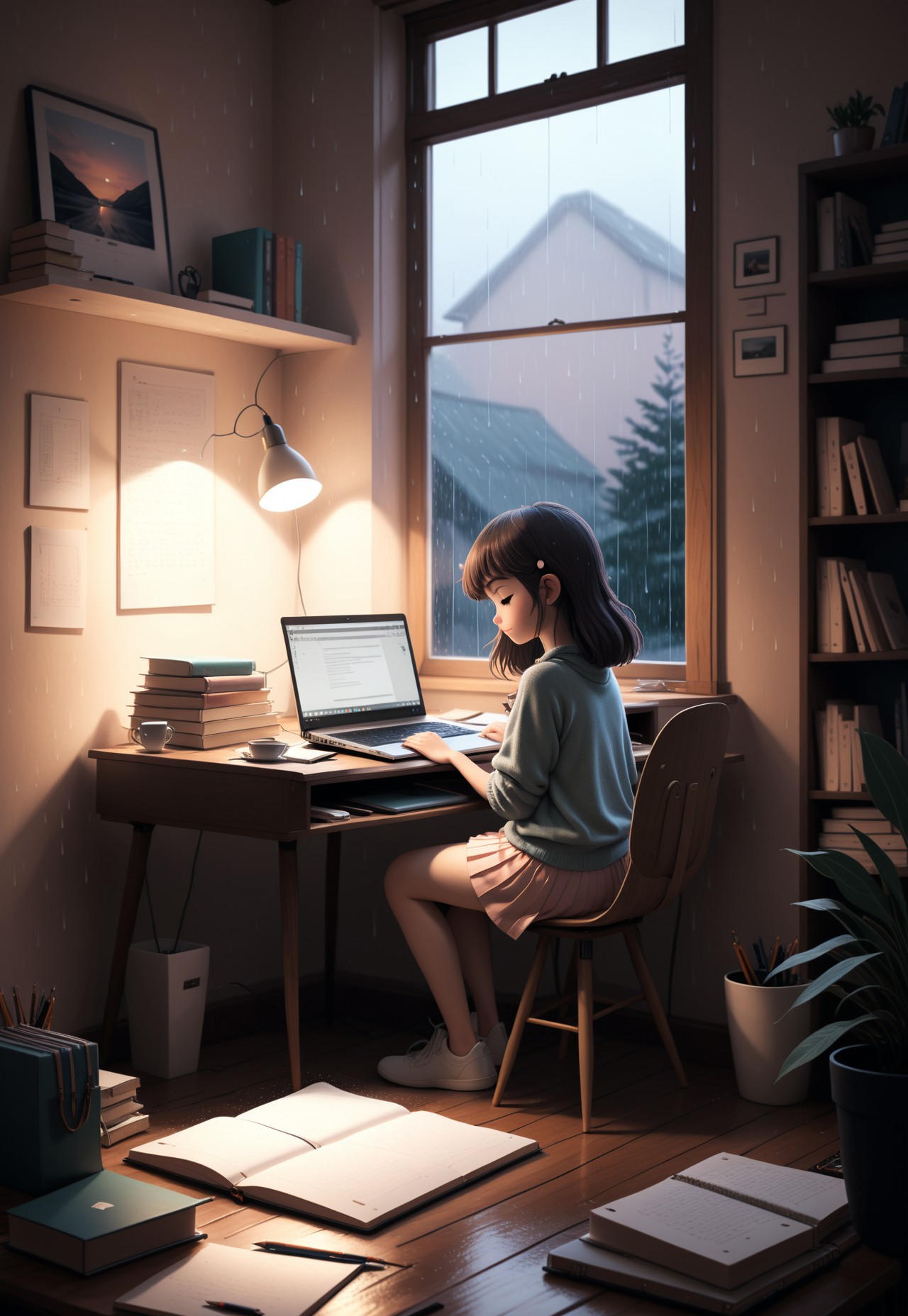 Cozy bedroom scene featuring a (lo-fi girl:1.3) style, with a (somber:1.2) atmosphere. Show a (homework desk:1.4) cluttered with a (laptop:1.3), (notebook:1.2), and scattered papers, illuminated by soft, warm light. Rain gently patters against the window, creating a tranquil backdrop. Emphasize (introspective mood:1.2), (detailed textures:1.3), and (subtle color palette:1.1) to enhance the cozy, reflective vibe