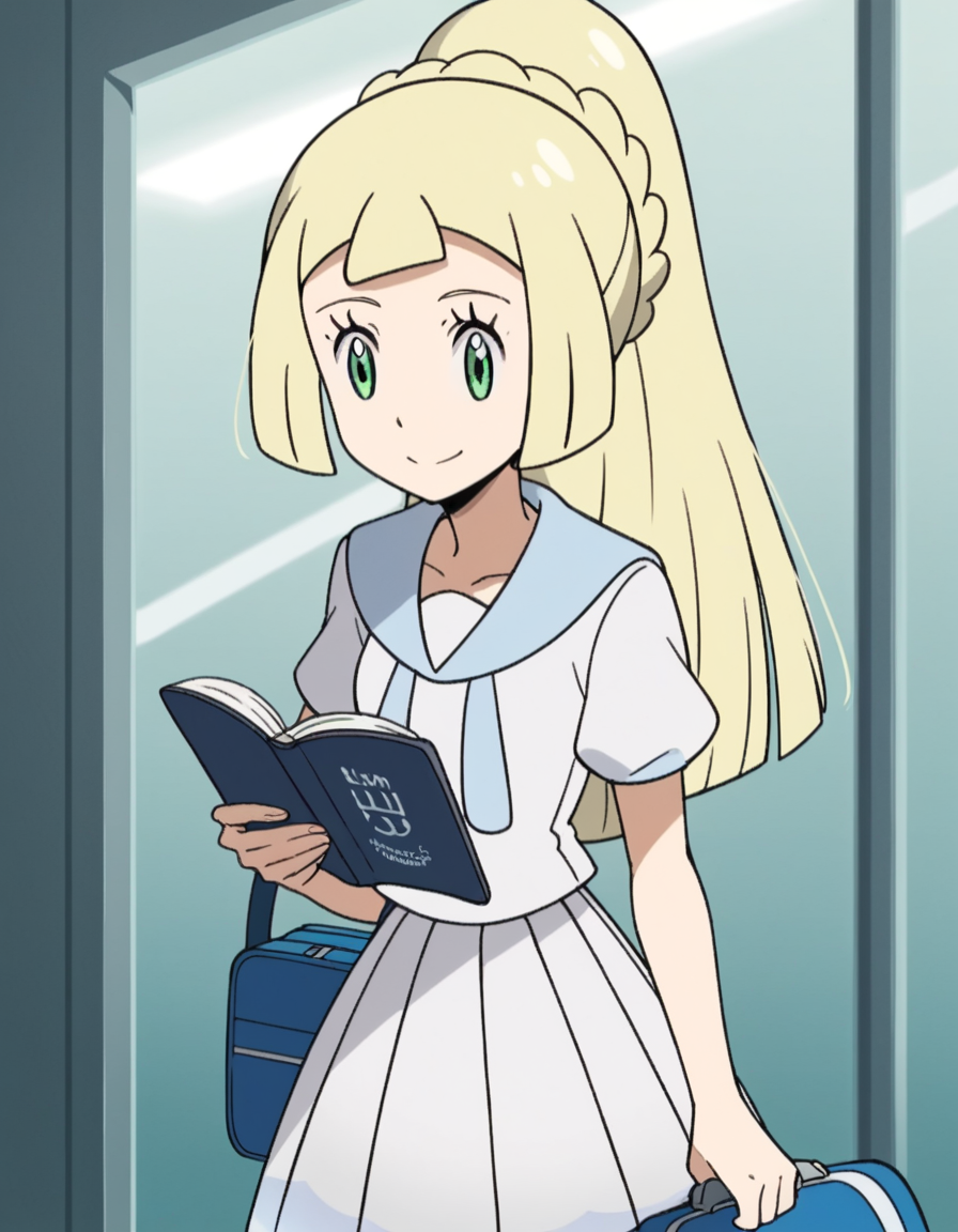 score_9, score_8_up, score_7_up, source_anime, <lora:pokemon-lilie-anime-ponyxl-lora-nochekaiser:1>, lillie \(pokemon\), blonde hair, blunt bangs, green eyes, long hair,, braid, french braid, high ponytail, miniskirt, pleated skirt, sailor collar, shirt, short sleeves, skirt, white shirt, white skirt,, airport, waiting area, suitcase, flight delayed, passengers, reading book, smile, looking at viewer, solo,, cowboy shot, dutch angle