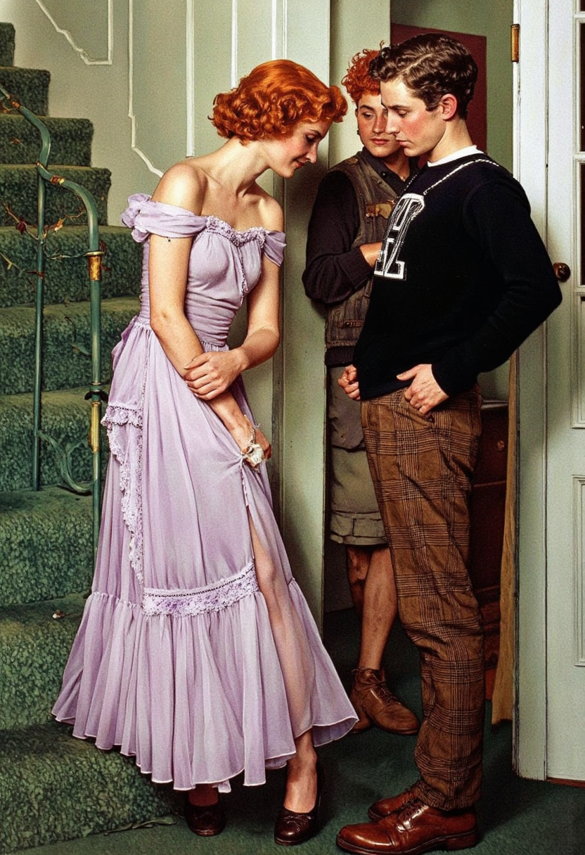 Art by Norman Rockwell. A vintage illustration from the 1950s, featuring two young men and a woman in a cozy, inviting indoor setting. the woman, on the left side of the image, is wearing a strapless, light purple, off-the-shoulder dress with a delicate lace trim, standing on a green carpeted staircase with her hands in her pockets, looking down at the man on the right side, who is standing with his hands on his hips, wearing a black sweater with the letter "H" on it, brown plaid pants, and brown shoes. he appears to be a young man with short, curly hair and a serious expression, with his eyes focused on the woman's dress. on the background, there is a door with a doorknob and a green wall with a window, adding to the cozy atmosphere of the scene.