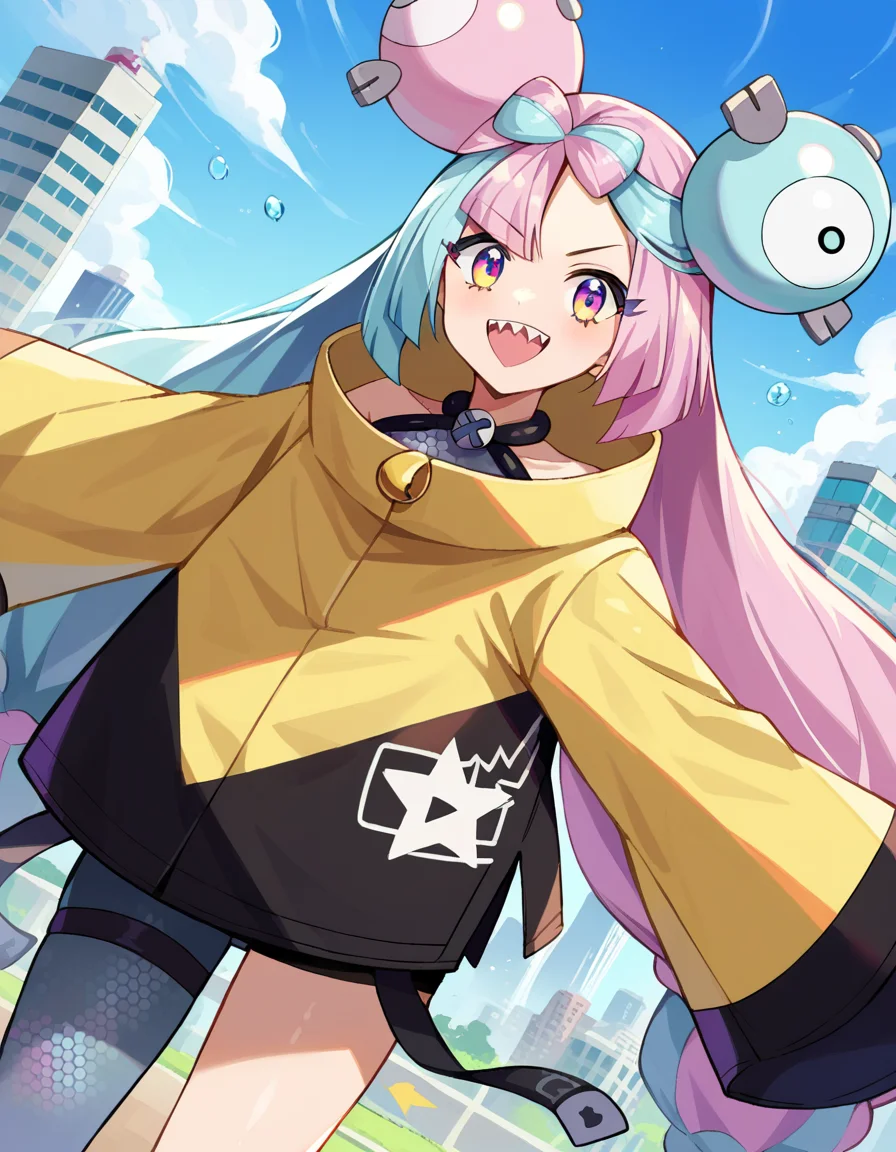 score_9, score_8_up, score_7_up, source_anime,
pokemoniono, <lora:pokemon-iono-ponyxl-lora-nochekaiser:1>
pokemon iono, blue hair, bow-shaped hair, character hair ornament, hair ornament, long hair, low-tied long hair, multicolored hair, pink hair, sharp teeth, split-color hair, twintails, two-tone hair, pink eyes, smile,
asymmetrical legwear, bell, bow-shaped hair, character hair ornament, hexagon print, oversized clothes, pantyhose, single leg pantyhose, split-color hair, jacket, yellow jacket,
outdoors, cityscape,
looking at viewer, cowboy shot, dutch angle,