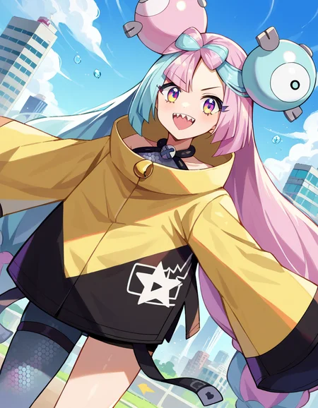 score_9, score_8_up, score_7_up, source_anime,
pokemoniono, <lora:pokemon-iono-ponyxl-lora-nochekaiser:1>
pokemon iono, blue hair, bow-shaped hair, character hair ornament, hair ornament, long hair, low-tied long hair, multicolored hair, pink hair, sharp teeth, split-color hair, twintails, two-tone hair, pink eyes, smile,
asymmetrical legwear, bell, bow-shaped hair, character hair ornament, hexagon print, oversized clothes, pantyhose, single leg pantyhose, split-color hair, jacket, yellow jacket,
outdoors, cityscape,
looking at viewer, cowboy shot, dutch angle,