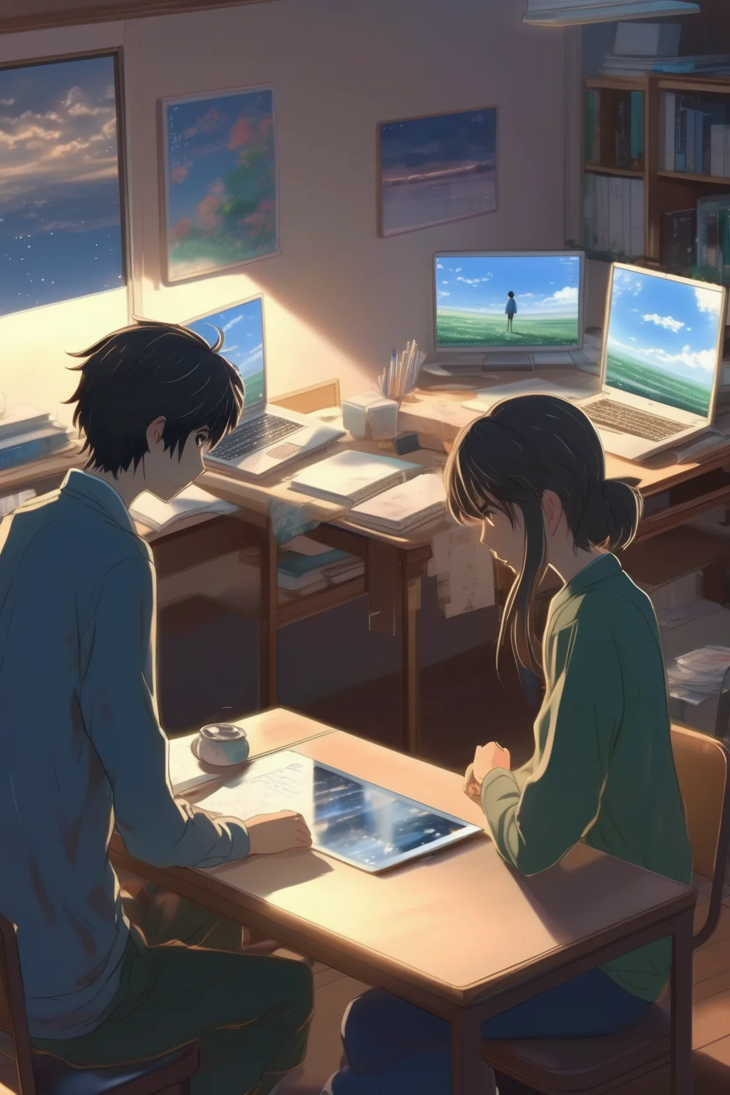 <lora:Makoto Shinkai Style:1>Makoto Shinkai Style - A couple is facing each other, using Apple laptops and studying together in a twin study room, reminiscent of the style of Makoto Shinkai.