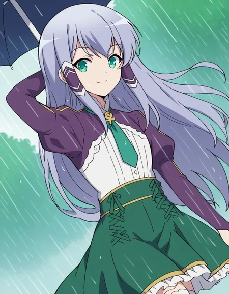 score_9, score_8_up, score_7_up, source_anime, <lora:elze-silhoueska-s2-ponyxl-lora-nochekaiser:1>, elze silhoueska, long hair, blue eyes, green eyes, blue hair, aqua eyes, hair tubes,, skirt, thighhighs, white thighhighs, puffy sleeves, white shirt, necktie, green necktie, purple sleeves, green skirt, frilled skirt, rainy day, umbrella, walking home, puddles, wet hair, smile, hand behind head, , looking at viewer, solo,, dutch angle, cowboy shot