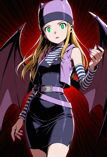 masterpiece, best quality, solo, curvy, beautiful eyes, zzIzumi, perfect, green eyes, blonde hair, long hair, purple vest, striped shirt, hat, skirt, sharp hatching (texture) adding depth to her bat wings and detached sleeves, bold lines defining the curves of her dark dress and multiple belts, high contrast shading emphasizing her striking purple lips and sharp fingernails, piercing eyes glowing menacingly, intense composition exuding dark, gothic power ,<lora:OrimotoIzumiDigimon_IXL:1.0>,