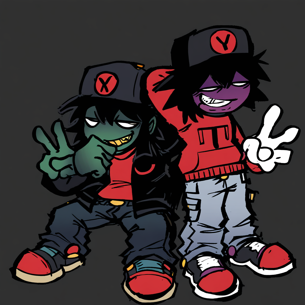 wide mouth, yellow skin, peace sign, green pants, red tongue, back view, long-sleeved sweater, side view head, short male, hand on pants pocket, purple tongue, inclined to the left, relaxed expression, nose toothy-grin, cargo pants, medium spiky black hair, shirt with red prohibition symbol, black cap, green skin, sharp-edged mouth, red footwear, open hand, stickman, jacket, minimal facial features, slight slouch, mouthless, hair over eyes, sharp hair, orange side buttons shoes, white skin, black pupils, purple footwear, hand covering mouth, huge, one arm behind head, alien, jeans pants, mac-10, small eyes, humanoid body, chunky shoes, simple background, yellow teeth, nose, stylized art, colored mouth, sitting, white pants with jagged black zigzag patterns, dark gray cargo pants, circular patches, frown, pink skin