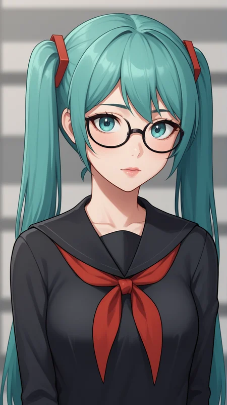 score_9, score_8_up, score_7_up, BREAK source_anime, best quality, masterpiece, ultra detailed,
<lora:Everlasting_Summer_Miku_by_GraffMetal:0.7>, miku, aqua hair, aqua eyes, twintails, long hair, very long hair, 1girl, solo,
black eyeliner cat eye, blush,
uncensored, 1girl, lips, looking at viewer, shirt, closed mouth, school uniform, upper body, glasses, serafuku, sailor collar, blurry, neckerchief, black shirt, blurry background, red neckerchief, black-framed eyewear, black sailor collar, black serafuku, round eyewear, pink lips