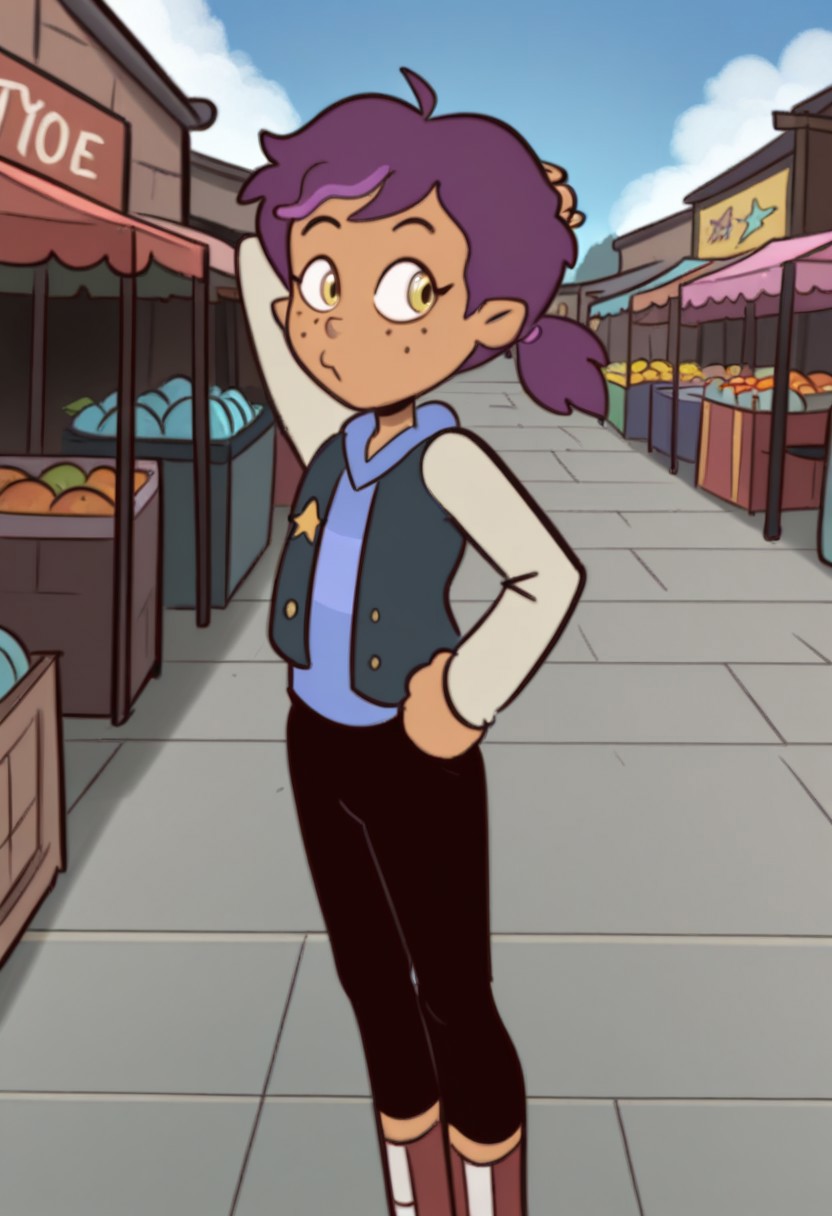 masterpiece, best quality, 1girl, solo, Ayzee, light skin tone, freckles, yellow eyes, dyed-purple hair, blue striped shirt, sports jacked, dark black pants, red high tops, tohstyle, posing, pose, outdoors, market, sky, blue sky,