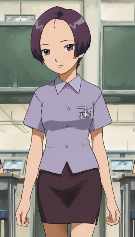 purple eyes,short hair,purple hair,pencil skirt,shirt,<lora:Senoo_Atsuko:1>,