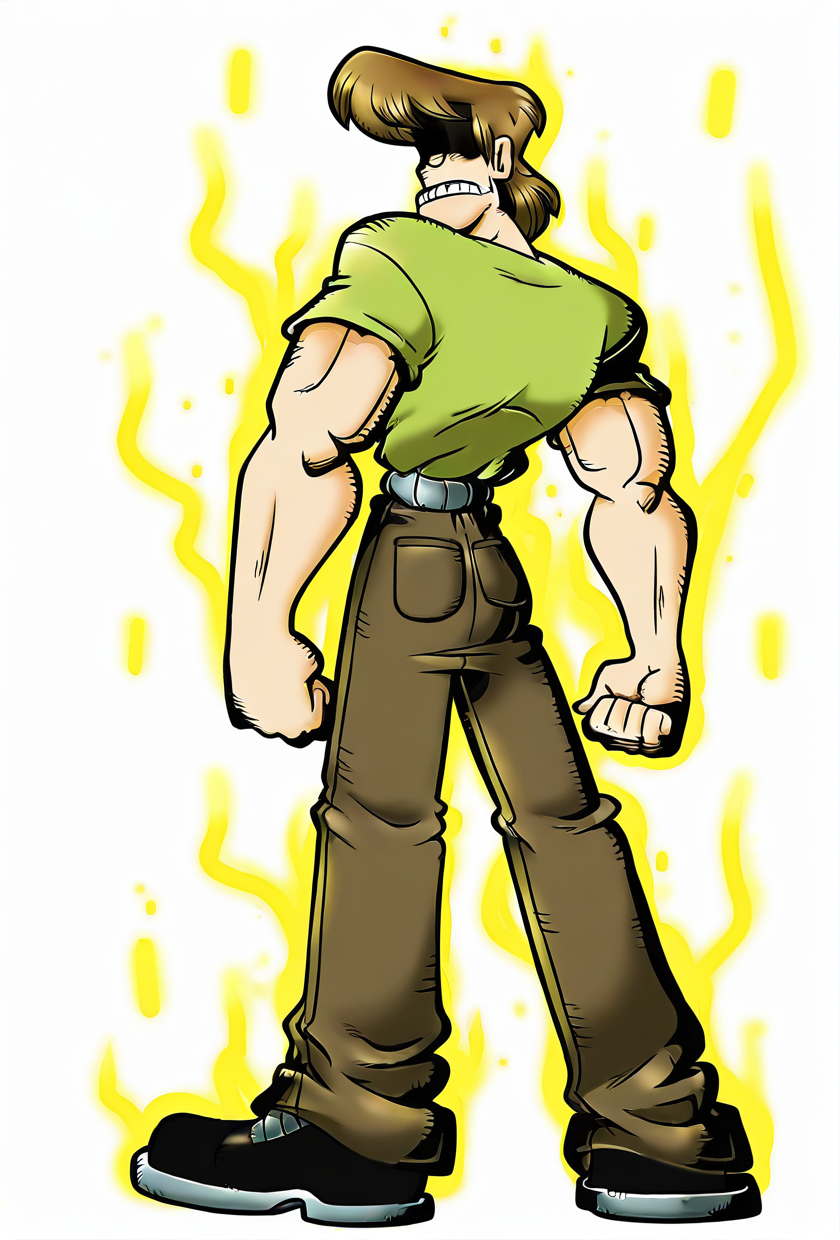 highres, best quality, masterpiece, very aesthetic, newest,DRBStyle, <lora:DigimonReferenceBookIllusV2:0.9>,1boy,solo,shaggy rogers,belts,square jaw,manly,muscular male,brown hair,green shirt,brown jeans,black shoes,aura,arms by sides,shaded face,standing,from behind,looking over shoulder,white background,full body