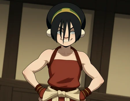 score_9, score_8_up, score_7_up, source_anime, <lora:toph-beifong-book2book3-ponyxl-lora-nochekaiser:1>, toph beifong, black hair, hairband, blind, grey eyes, hair between eyes, short hair,, shirt, sleeveless, red shirt, collarbone, bare shoulders, red pants, clothes around waist, gold hairband,, indoors, smug, smile, looking at viewer, solo, hands on hips,, cowboy shot, dutch angle