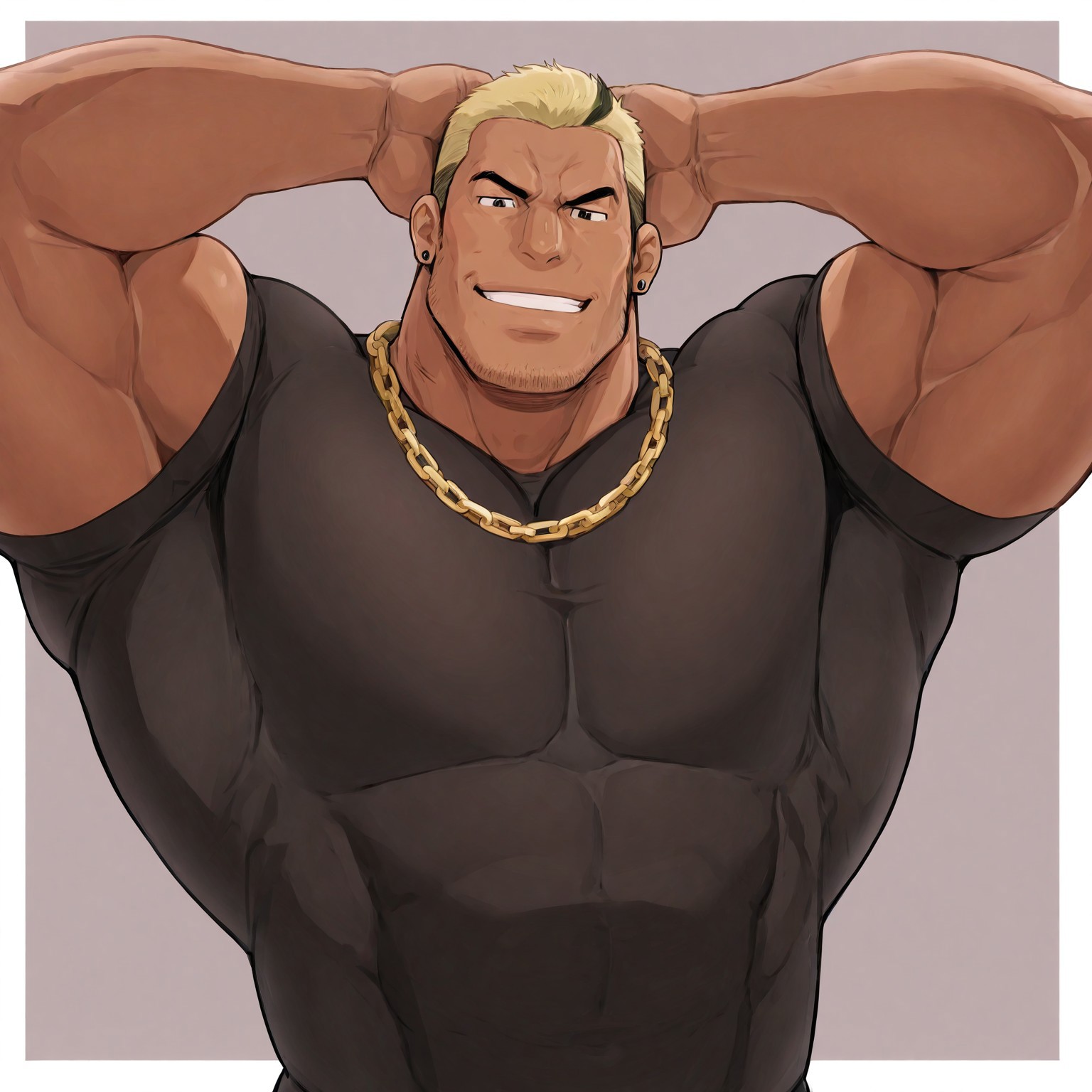 masterpiece, best quality, newest, absurdres, highres, Diz_D00dz, white borders around characters, soft light, BREAK, 1man, 1boy, Kotaru. brown skin tone, thick eyebrows, strong jaw, black stud earring, double color hair, facial hair, side whiskers, {{beefy}}, {{muscular}}, {{large}}, looking at the viewer, smirk, black t shirt, tight t shirt, gold chain on the neck