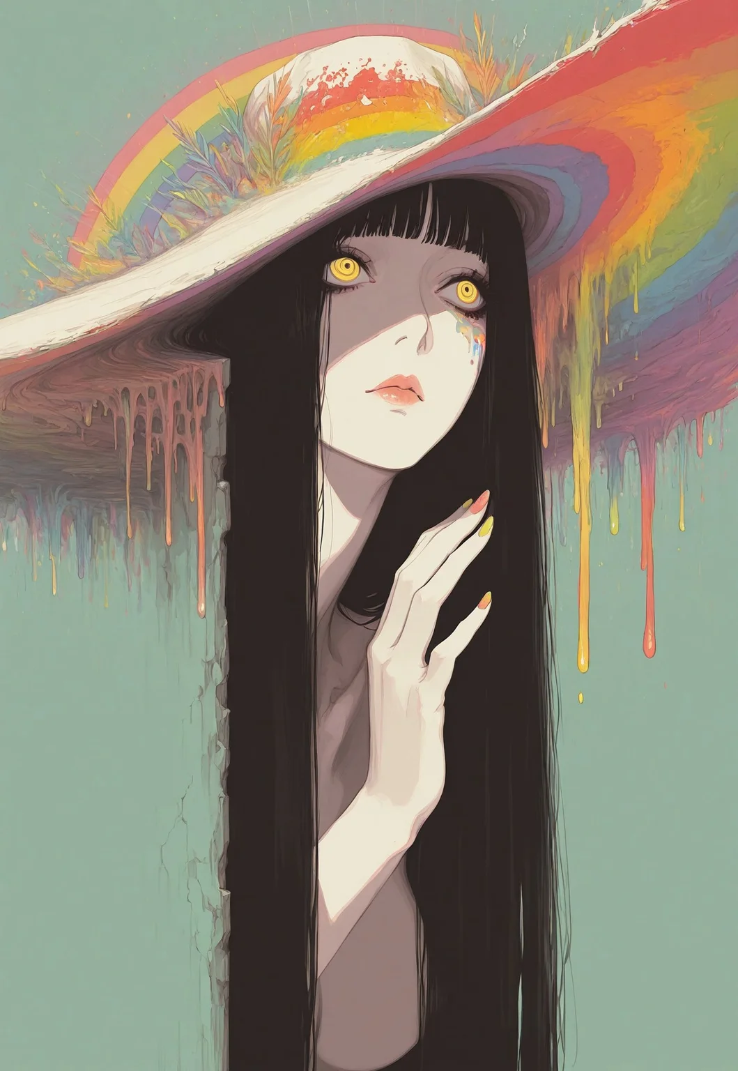 best quality, hires, surreal, solo, 1girl, simple background, yellow eyes, peeking out, colorful background, rainbow order, outdoors, hat, long hair, black hair, vdsur