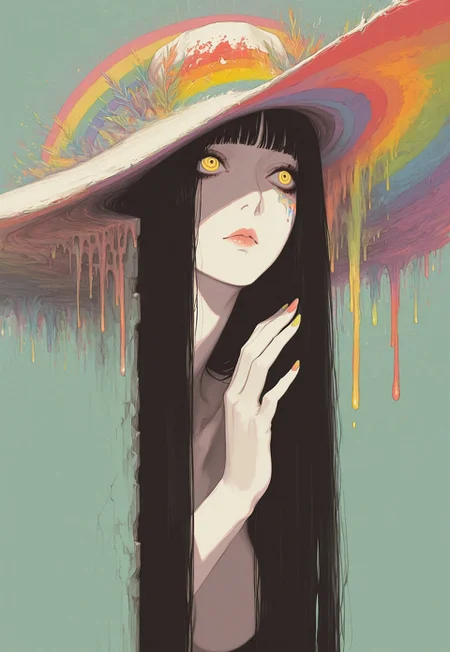 best quality, hires, surreal, solo, 1girl, simple background, yellow eyes, peeking out, colorful background, rainbow order, outdoors, hat, long hair, black hair, vdsur