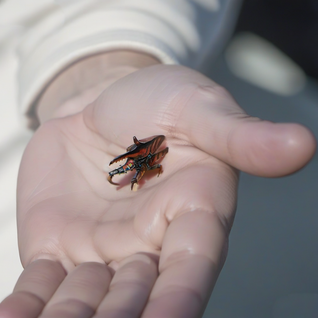 a small bug on a man handpalm, features intricate detail, detailed eyes, highly detailed, photography, ultra sharp, film, bokeh, professional, 4k  <lora:Starshiptrooper1024-000477:0.8>