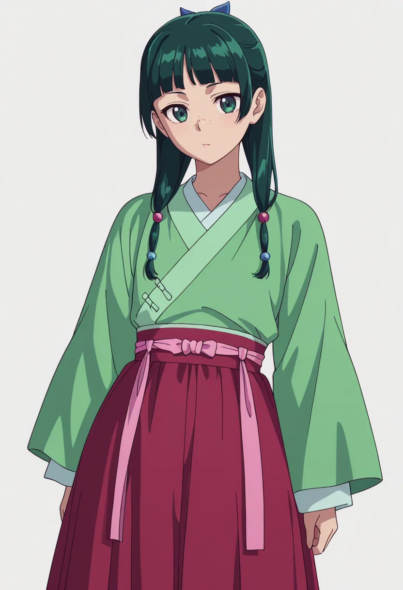 Smooth Quality,masterpiece,very intricate, high quality details, ultra realistic, high detailed skin,detailed enviorement,absurdres,
simple background, white background,solo,
dynamic angle,color drain,
 <lora:Maomao_CNR:0.8> maomao_cnr,green hair, long hair, green eyes, flat chest, 
maodef_cnr,freckles, green hair, twintails
chinese clothes, hanfu, skirt, long sleeves, red skirt, wide sleeves
hair beads,