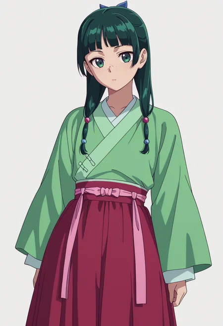 Smooth Quality,masterpiece,very intricate, high quality details, ultra realistic, high detailed skin,detailed enviorement,absurdres,
simple background, white background,solo,
dynamic angle,color drain,
 <lora:Maomao_CNR:0.8> maomao_cnr,green hair, long hair, green eyes, flat chest, 
maodef_cnr,freckles, green hair, twintails
chinese clothes, hanfu, skirt, long sleeves, red skirt, wide sleeves
hair beads,