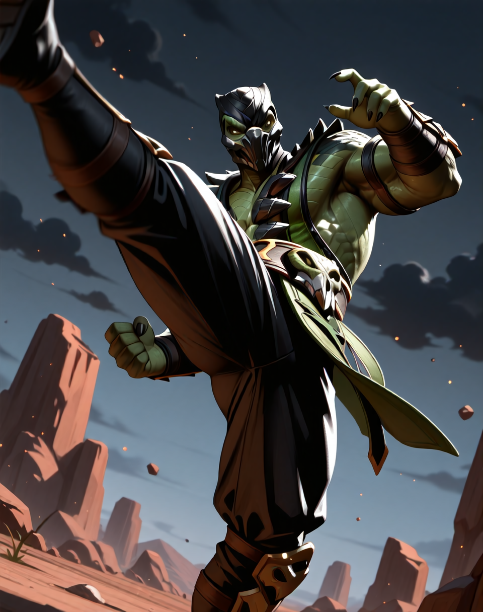 <lora:Reptile_X_(Mortal_Kombat)_(Illustrious)_(AD):1> Reptile_MK, muscular, Mortal Kombat, 
dutch angle, exterior, monumental architecture, wasteland, dark night sky with black clouds, 
male focus, gradient coloring, villain, intimidating, fierce, kick, 
BREAK very awe, aesthetically pleasing, masterpiece, best quality, amazing quality, very aesthetic, perfect depth of field shot, in'ei, source_furry, furry_art, 
Smooth Quality, lazympos, IllustQualXL_Pos,