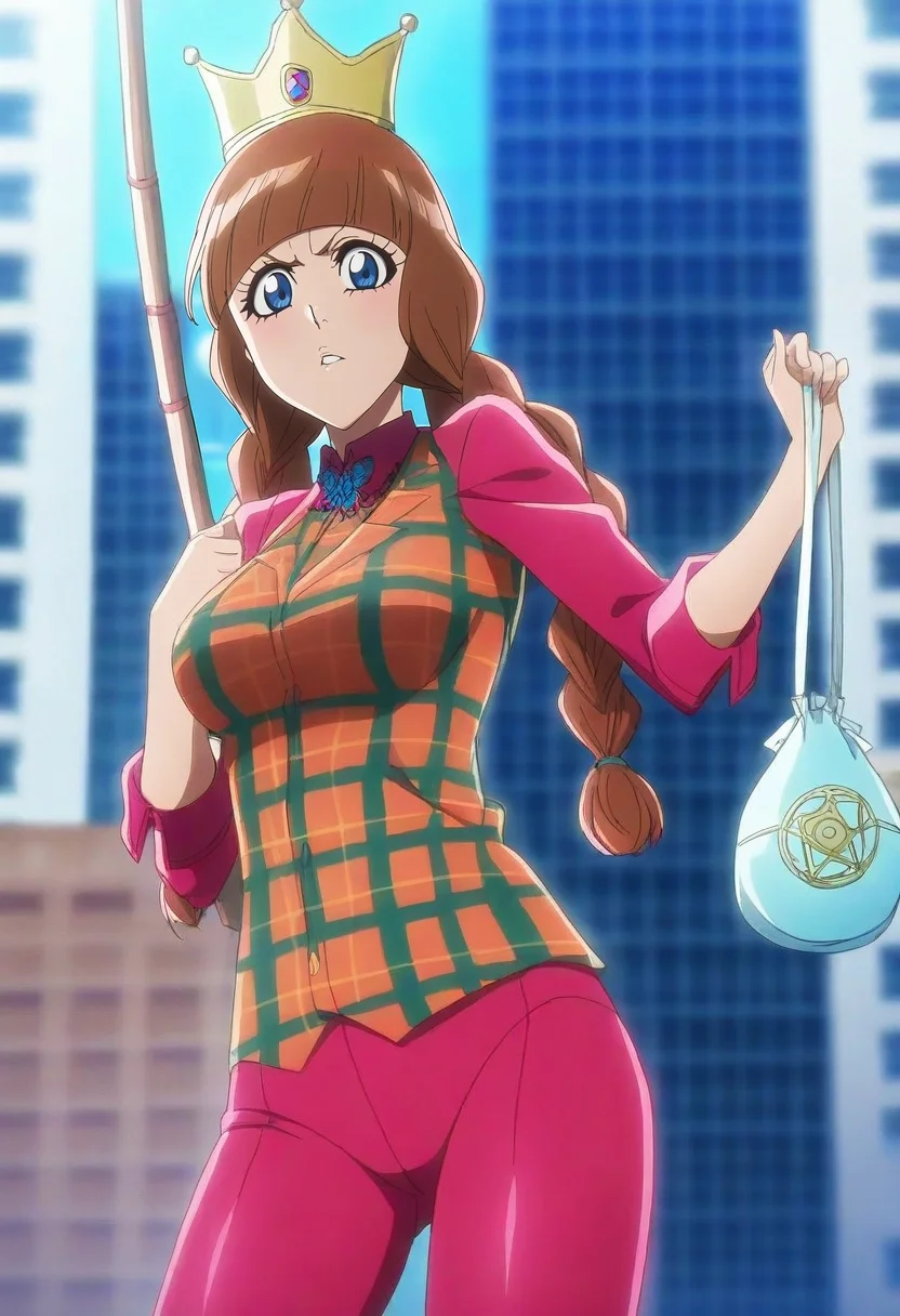 masterpiece, best quality, anime screencap, intricate details, , depth of field, 1girl, ice blue eyes, ash brown hair, box braids, crown, Culotte pantsuit, Silk Marigold Plaid shirt, , , Fishing Tackle Bag, solo, fairy palace, flower towers, light halls, butterfly gardens, royal pose, dignified expression, magical lighting, <lora:bleach_tybw_style_ilxl:0.92>, bleach_tybw_style,
