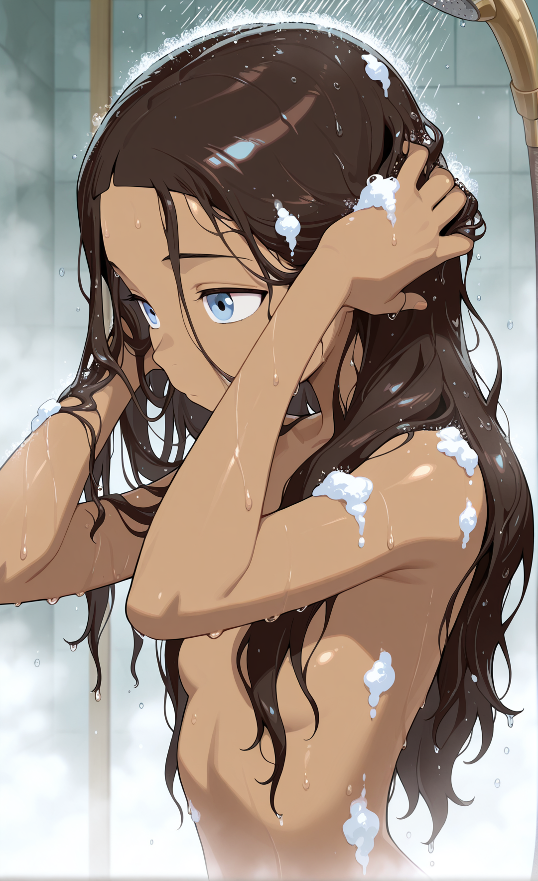 masterpiece,best quality,amazing quality, absurdres, solo, 1girl, <lora:IlluKatara:1> illukatara, dark-skinned female, brown hair, blue eyes, long hair, hair down, nude, showering, shower \(place\), soap bubbles, steam, fog, wet, wet hair, hands in hair,