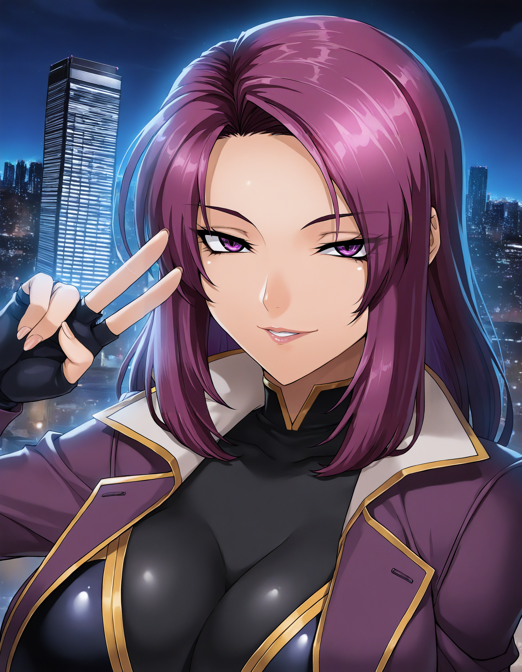 masterpiece, good quality, best quality, shadow, backlighting,
Koukawa, 1girl, mature female, portrait, close-up,
V sign,
purple hair, long hair, purple eyes,
black bodysuit, gold trim, purple coat, elbow fingerless gloves,
outdoors, cityscape, skyscraper, night, night sky,
 <lora:Oboro2in1 NoobAIXL V-pred:1>