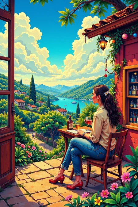 bohemian cafe beautiful landscape, cloudy sky, woman, very intricate, very detailed, sharp, bright, colorful, <lora:Hand v2:0.5> <lora:Anti-Blur:1><lora:Insane Detail Slider:0.25>  <lora:flux.1_lora_flyway_Epic-detail_v2:0.3> <lora:fluxenhancer:0.25> <lora:ROWER:0.6> <lora:flux-charmer-v1-1:0.4><lora:Vibrantly_Sharp_style_v.5:0.4> <lora:ck-Neon-Retrowave:0.4> ck-rw, in the style of ck-rw, <lora:Neurocore Anime Cyberpunk v2.0:0.8> <lora:neon-cyberpunk-alla-prima:0.4> mad-llprm