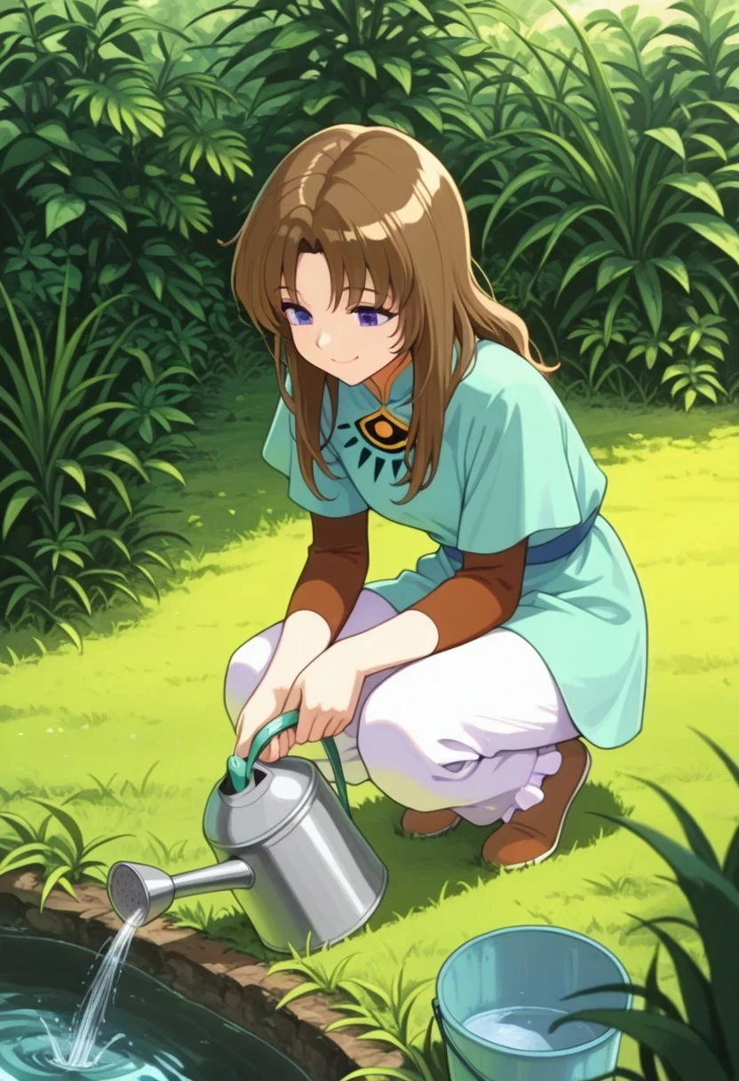 masterpiece,best quality,amazing quality, yakumo tatsuro, long hair, brown hair, blue eyes, 1girl, solo, bucket, plant, outdoors, grass, squatting, long sleeves, watering can, smile layered sleeves, water