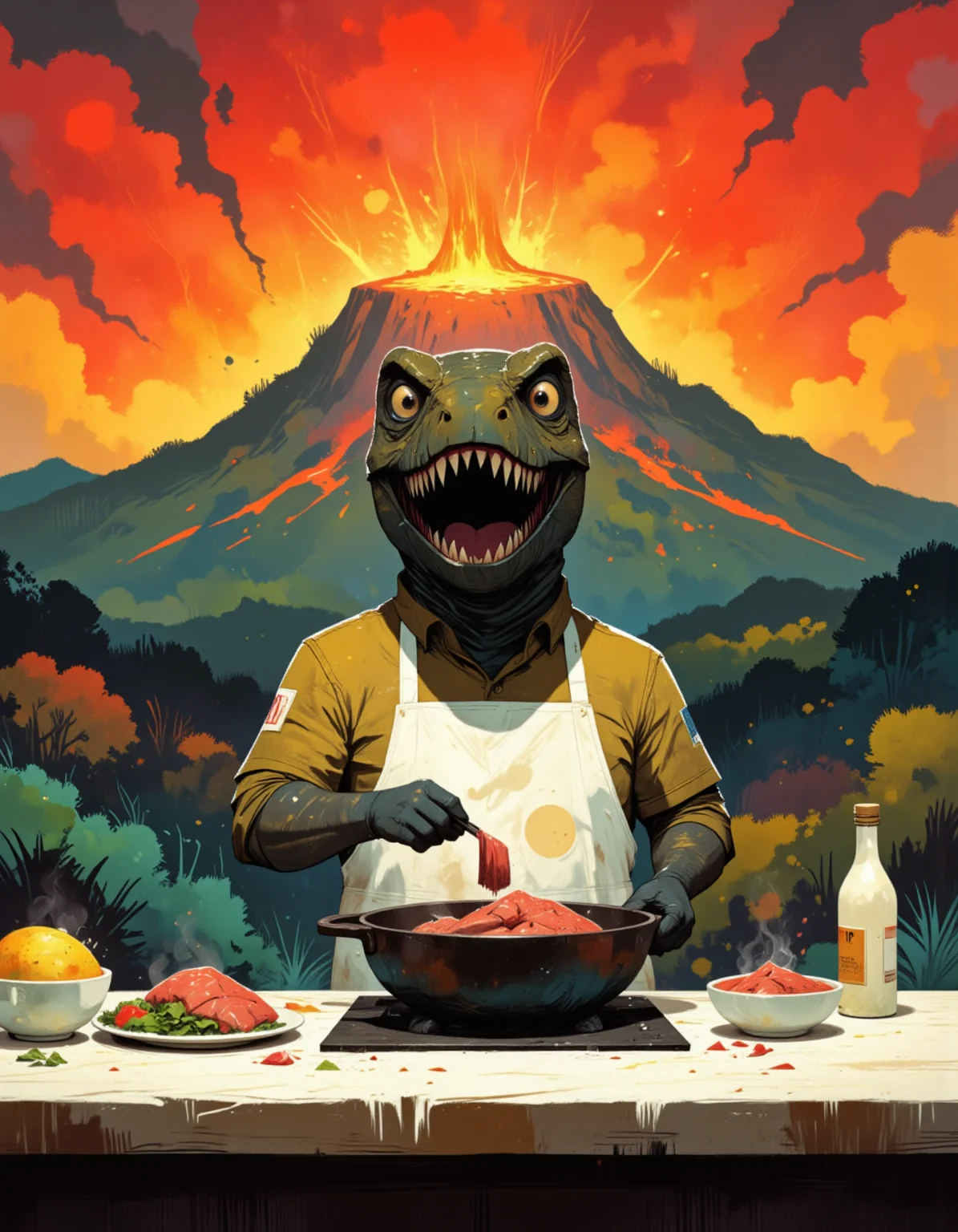 Happy t-rex wearing an apron is making breakfast in a kitchen close to an exploding volcano, the t-rex is happy while holding a pan with some slcies of meat,
with a very detailed background, dynamic angle, dust particles,colorful happy scene,
<lora:pp-storybook_rank2_bf16:1> ppstorybook, whimsical, fantastical, stylized