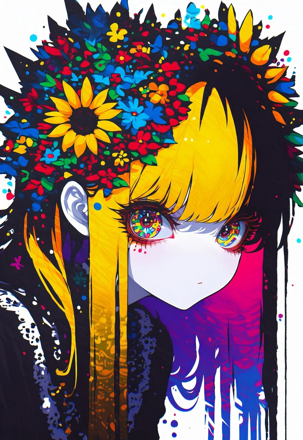 xxx667_illu, sometyome_illu, abstract, score_9, score_8_up, score_7_up, concept art, source_anime, extremely detailed, masterpiece ,amazing quality, intricate details , Enchanting Eyes, d3t41l3dh4nddr4w, detailedhanddraw, sometyome_illu ,xxx667_illu , white background, thick black outline, beautiful girl, yellow highlights, adjusting hair, leaning forward, fading, long hair, sunflowers, detailed flowers, hair obscuring eyes, dynamic pose, close up, white skin, solemn gaze, looking at viewer,