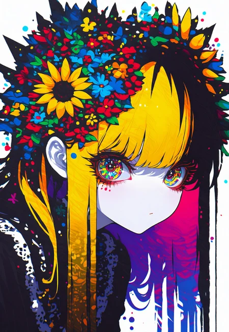 xxx667_illu, sometyome_illu, abstract, score_9, score_8_up, score_7_up, concept art, source_anime, extremely detailed, masterpiece ,amazing quality, intricate details , Enchanting Eyes, d3t41l3dh4nddr4w, detailedhanddraw, sometyome_illu ,xxx667_illu , white background, thick black outline, beautiful girl, yellow highlights, adjusting hair, leaning forward, fading, long hair, sunflowers, detailed flowers, hair obscuring eyes, dynamic pose, close up, white skin, solemn gaze, looking at viewer,