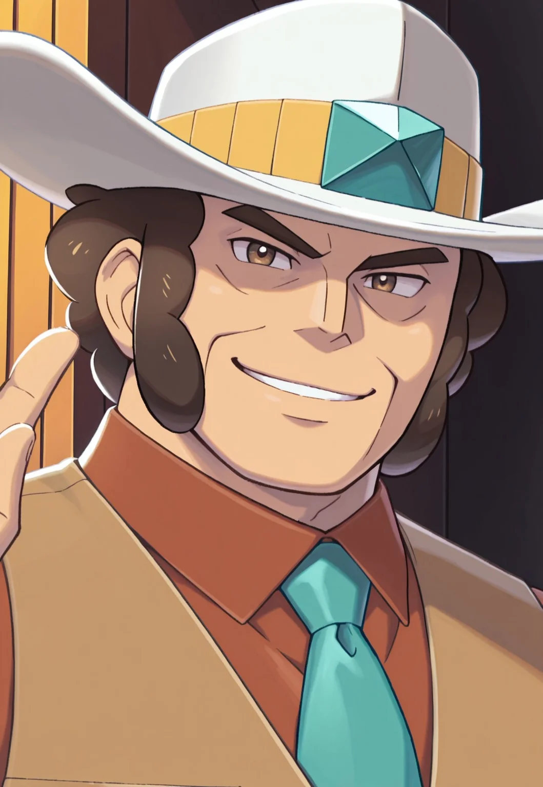 solo, masterpiece, detailed, ultra hd, best quality, 1boy, male, official art, w0lfc0nf, modern, new
PokeClay, brown hair, brown eyes, white hat, brown vest, collared shirt, teal necktie, portrait, looking at viewer, smiling, mines