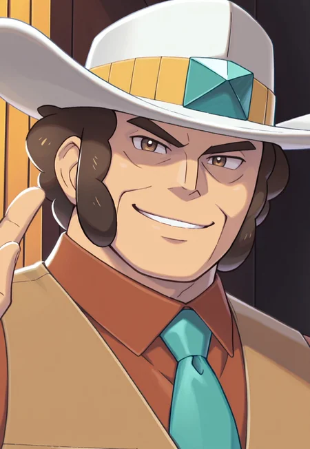 solo, masterpiece, detailed, ultra hd, best quality, 1boy, male, official art, w0lfc0nf, modern, new
PokeClay, brown hair, brown eyes, white hat, brown vest, collared shirt, teal necktie, portrait, looking at viewer, smiling, mines