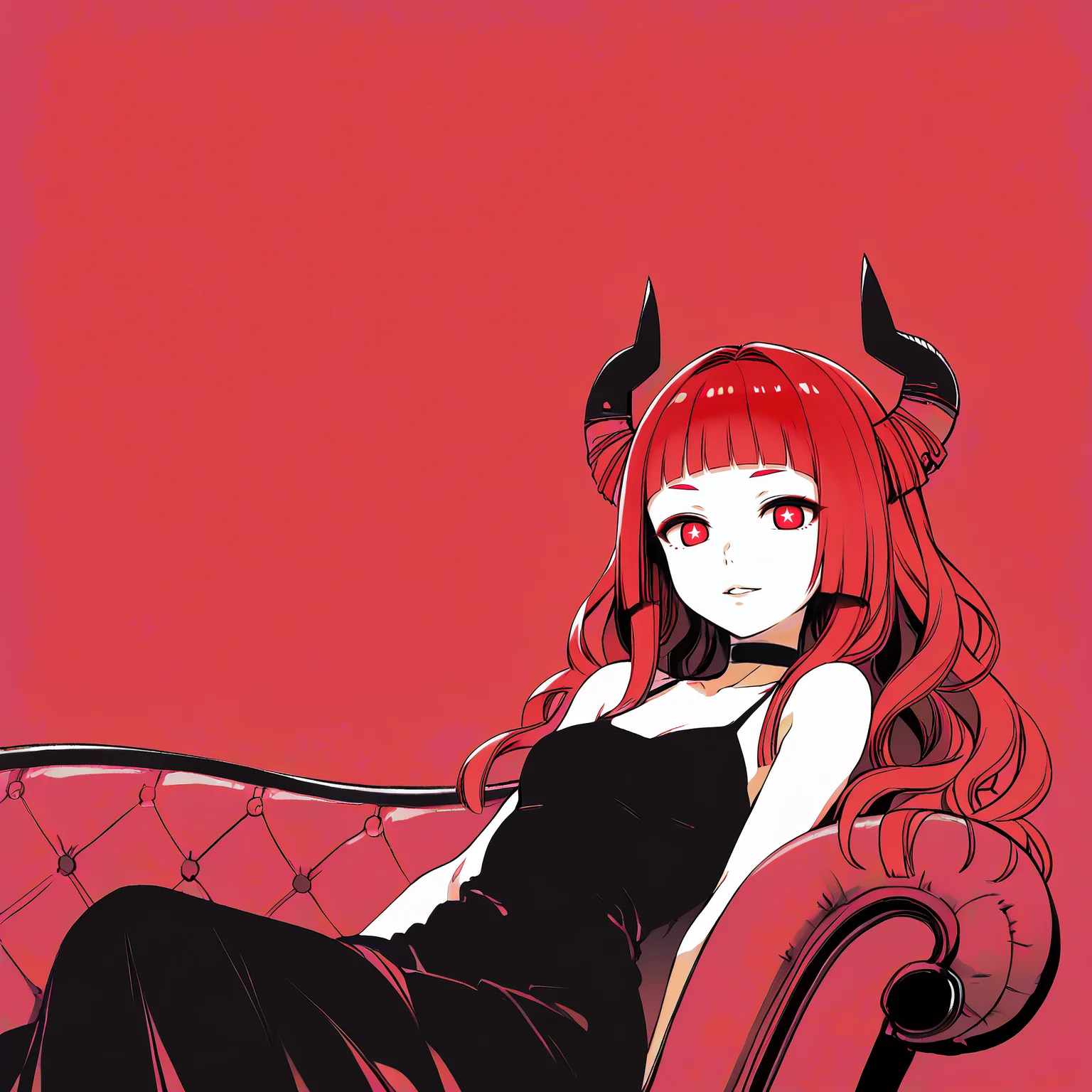 1girl, long hair, red hair, red eyes,detailed eyes, black pupils,(daiamond-shaped pupils:1.5), wavy hair, (short bangs, blunt bangs, forehead:1.4), red eyebrow, demon horns, black dress, bare shoulders,black choker, small breasts, (looking at viewer, looking down:1.4),(parted lips:1.2), (jitome,tareme:1.3)  ,light smile
windy hair, relaxing, leaning to the side, 
[realistic::0.1]
red background, (limited palette, flat color:1.2), (negative space, margin:1.1), sitting on sofa,red sofa
<lora:Margin-Pony:1>,<lora:Fixhands_anime_bdsqlsz_V1:1>,<lora:StS_age_slider_v1_initial_release:0.1>,<lora:DobunezuMix-Pony:0.8> 
score_9, score_8_up, score_7_up,score_6_up, best quality, hires,