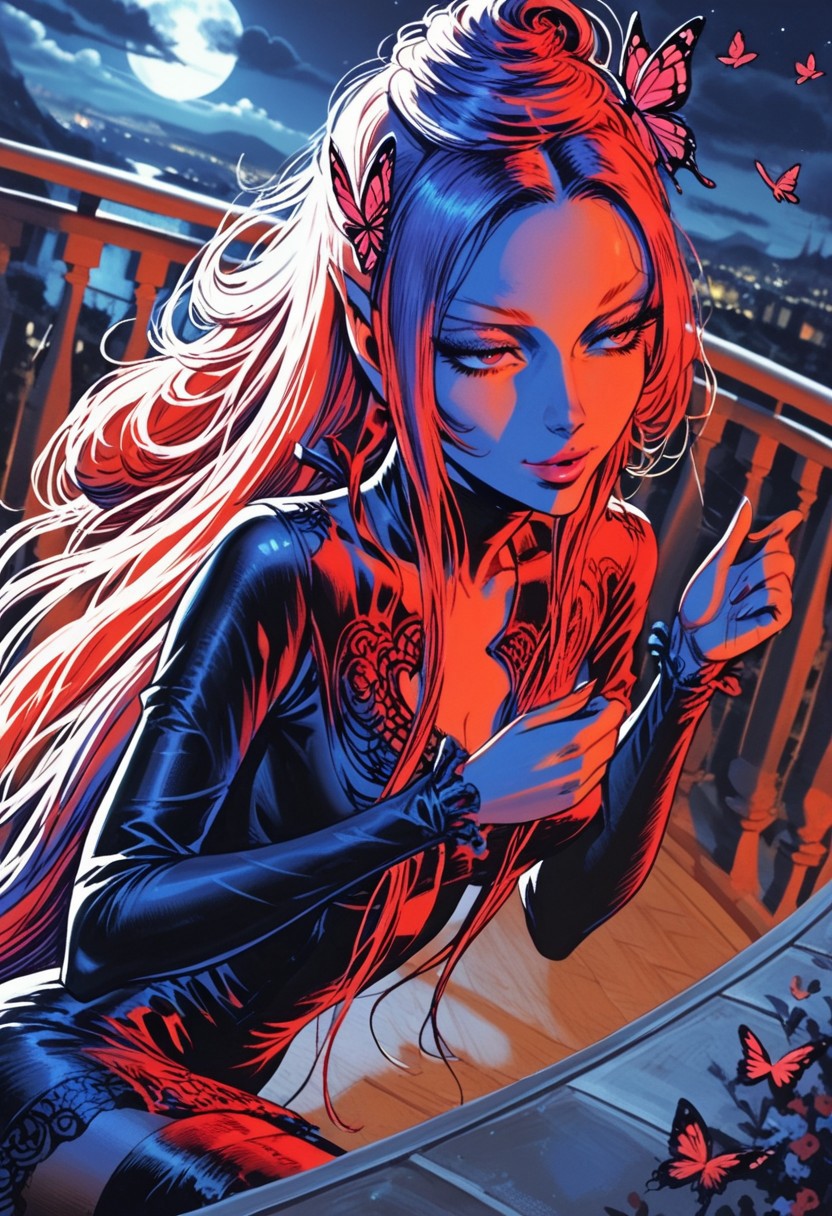 detailed eyes:1.3, soft light, expressive face, degital art, fine art, 2.5d, reflective skin, shiny, zix, night, 
Newstar, lace shrug, butterfly pattern, very long dress, frills, pantyhose, thigh boots, two toned hair (red | white), lipstick, pale skin, balcony, night, parted bangs, long hair, pulled back strands of hair,
(score_9, score_8_up, score_7_up, score_6_up),