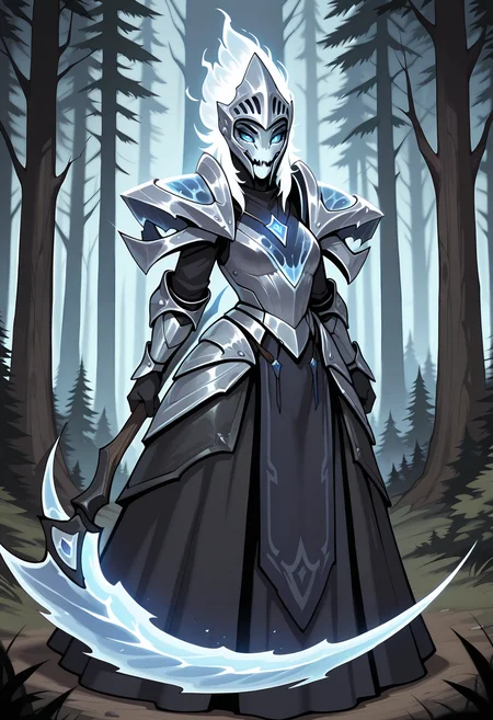 masterpiece, amazing quality, very aesthetic,
<lora:Spectre_-_Arcana_Dota2-000006:0.8>, spectre-arcana, 1girl, armor, solo, shoulder armor, holding weapon, helmet, scythe, blue eyes, forest, breastplate, dress, glowing