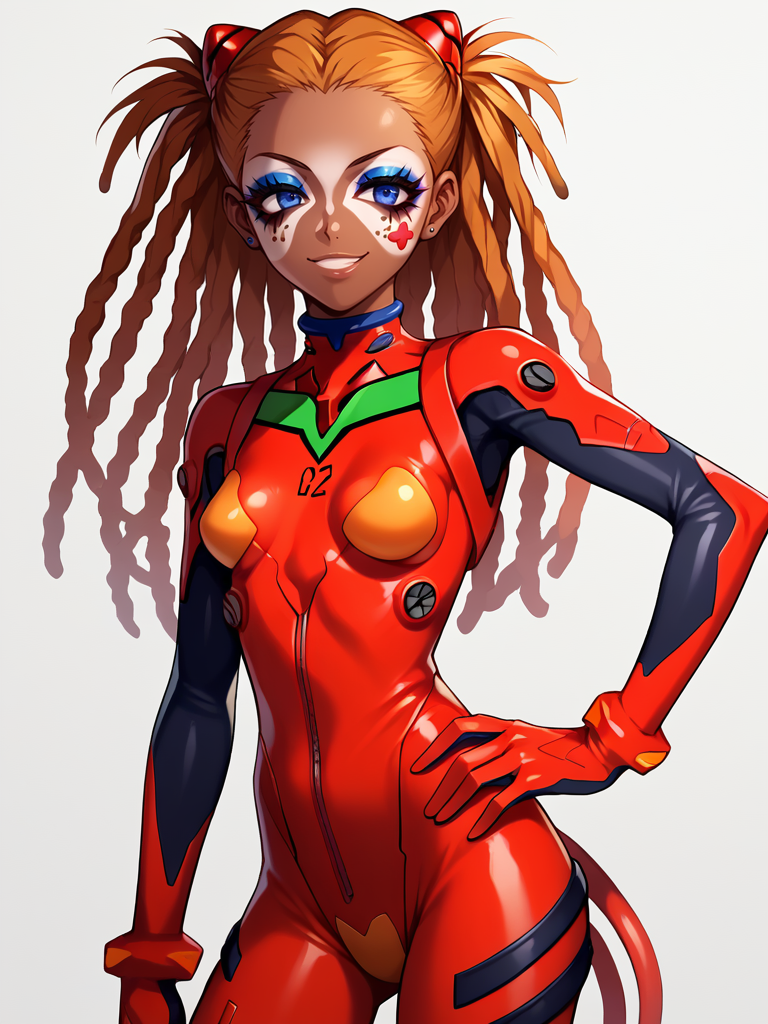 Score_9, score_8_up, score_7_up, score_6_up,  source_anime, 1girl, solo, white wall backdrop, colorful abstract rectangular backdrop, cowboy shot,  dark-skinned female, stickers on face,  (lower eyelashes:1.3), BREAK, (yamanba, facepaint :1.5), smirk, eyeshadow, (very dark skin), makeup, (glitter, long eyelashes), BREAK,OverallDetailXL,BREAK, souryuu asuka langley,  neon genesis evangelion, plugsuit, orange pasties, midriff,  hand on hip, (twintail dreadlocks:1.3)<lora:Manba_Pure_r1:1>,