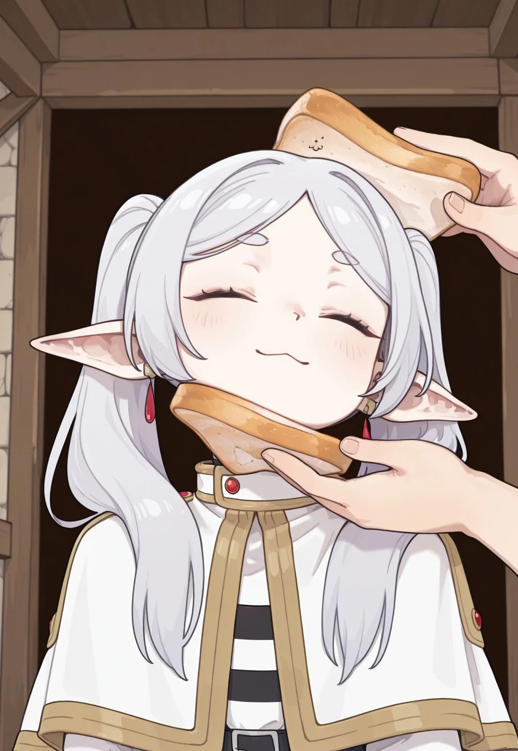 masterpiece,best quality,very aesthetic,absurdres, possmach, 1 girl, frieren, idiotsandwichalt, 1girl,1other, solo focus, holding food, bread slice, pov hands, upper body, cute, closed eyes, smile, :3