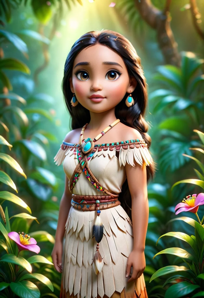 pam-swtvrld disney pocahontas, jungle with flowers, warm light,full depth of field and realistic textures,highly detailed,masterpiece,high quality