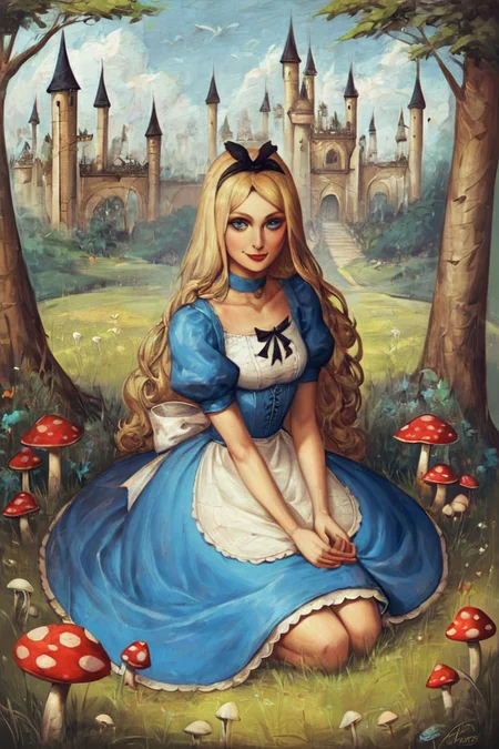 score_9, score_8_up, score_7_up, score_6_up, score_5_up, score_4_up, mushroom, 1girl, blue eyes, blonde hair, dress, alice (alice in wonderland), castle, long hair, solo, choker, grass, blue dress, outdoors, puffy sleeves, makeup, smile, sitting, day, red lips <lora:Gothic Art Style SDXL_LoRA_Pony Diffusion V6 XL:1>