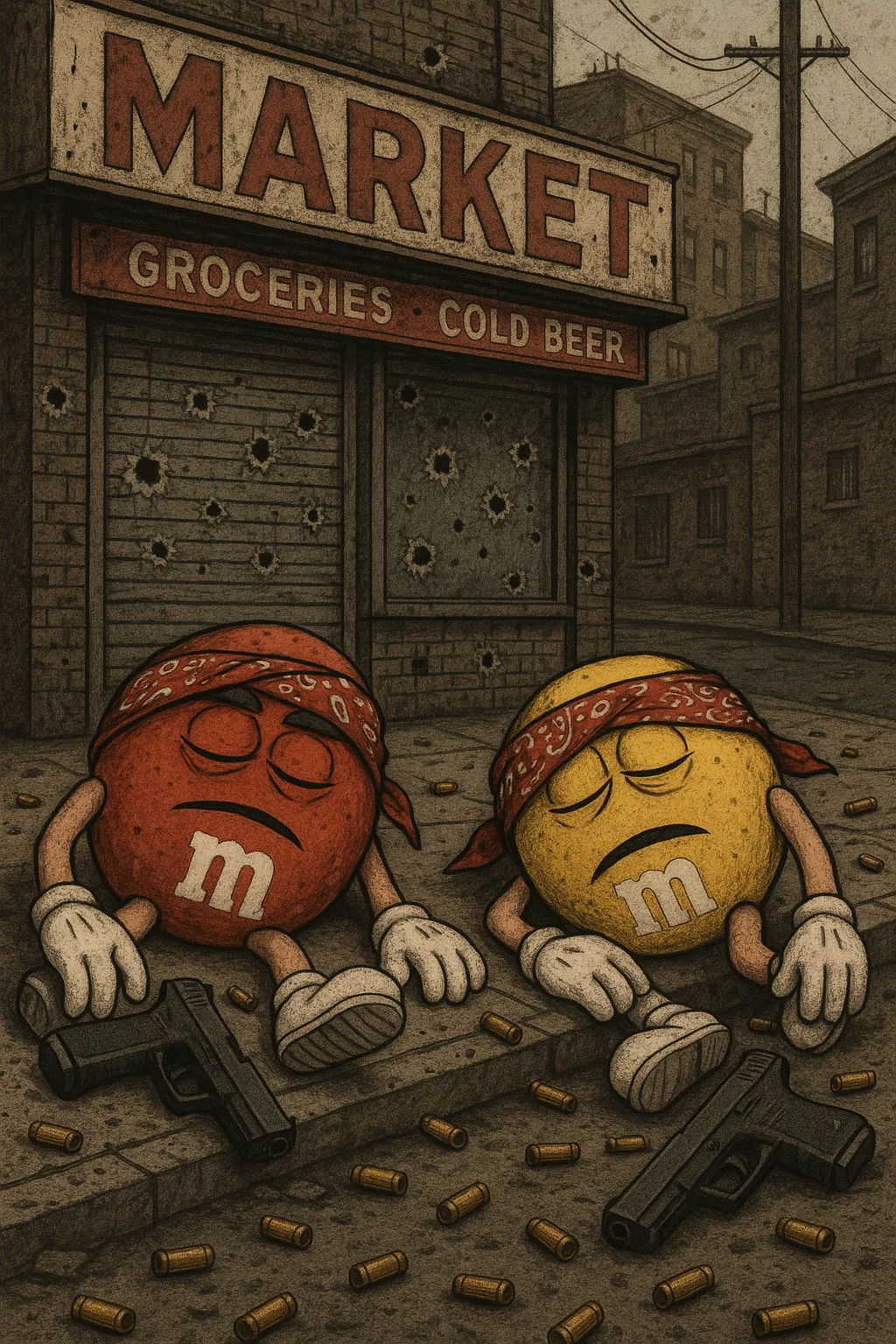 two anthropomorphized M&M's lay on a sidewalk of a ghetto street, each wearing a red bandana, their eyes closed, with a glock laying near each of them, bullet casings litter the floor and the corner shop behind them is riddled with bullet holes,  a gritty scene of the aftermath of intercity gang violence