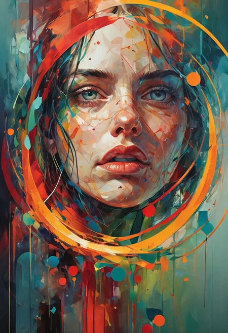 An eye-catching abstract artwork featuring a dynamic arrangement of geometric shapes and vivid colors. The composition includes overlapping circles, sharp-edged polygons, and fluid lines, all interwoven to create a sense of rhythm and flow. A bold color palette of rich reds, bright greens, sunny yellows, and deep blues contrasts beautifully against a textured background of soft grays and whites. Each shape is filled with intricate patterns—stripes, dots, and gradients—that add depth and complexity to the piece. Light and shadow play across the forms, creating a three-dimensional effect that draws the viewer in. The overall composition is energetic and playful, evoking a sense of movement and spontaneity. The artwork invites exploration, encouraging viewers to discover new details with each glance. Hyper-detailed digital art, modern abstract style, vibrant and contrasting colors, highly detailed, 8K resolution. style of greg rutkowski,janek sedlar,jenny saville:0]  <lora:vivid_everclear:0.35>  <lora:Sinozick:0.35>  <lora:MJ52:0.35>