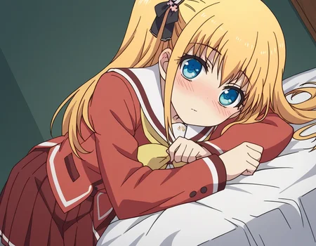 score_9, score_8_up, score_7_up, source_anime,
yusakurobane, <lora:yusa-kurobane-s1-ponyxl-lora-nochekaiser:1>,
yusa kurobane, long hair, blue eyes, blonde hair, hair ornament, ribbon, hair ribbon, one side up, side ponytail,
school uniform, serafuku, long sleeves, red blazer, red skirt, pleated skirt, white sailor collar,
indoors, bed, bed room, on side, blush, drunk,
looking at viewer, cowboy shot, solo, dutch angle,
